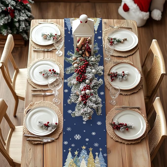 GEEORY Christmas Table Runner 13x108 Inch, Xmas Trees Snowflakes Holiday Decorative Farmhouse Table Decoration for Kitchen Dinning, Indoor Outdoor Dinner Party Decor (Blue) GT151-108