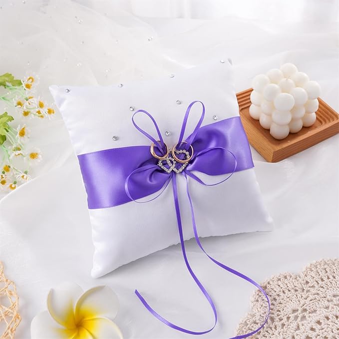 QIRMIZI Wedding Ring Pillow and Flower Girl Basket Set – Adorned with Pearl Rhinestones, White Satin,Purple