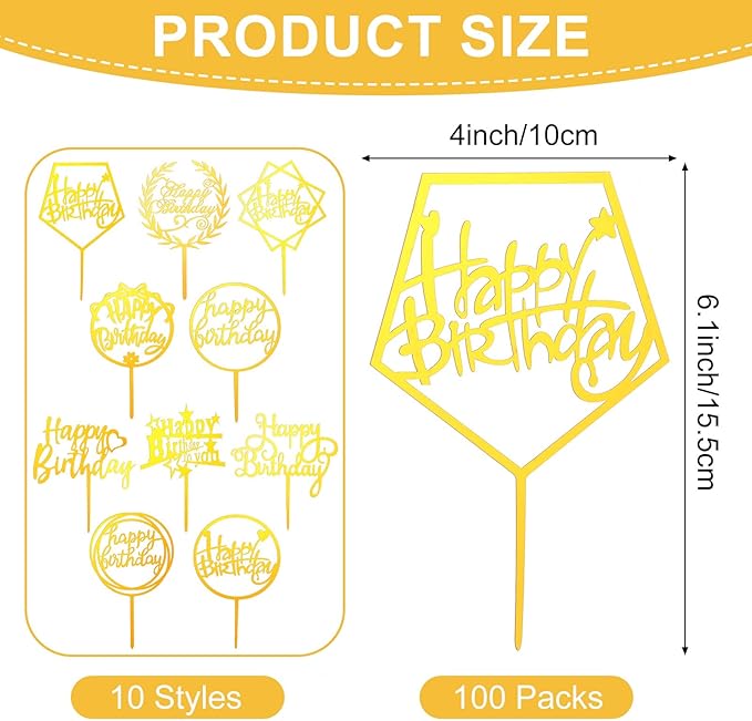 100 Pcs Gold Happy Birthday Cake Toppers Gold Acrylic Cake Topper Glitter Birthday Cake Decorations Double Sided Cake Topper for Children Supplies Accessories Decorations Figurines Ornaments