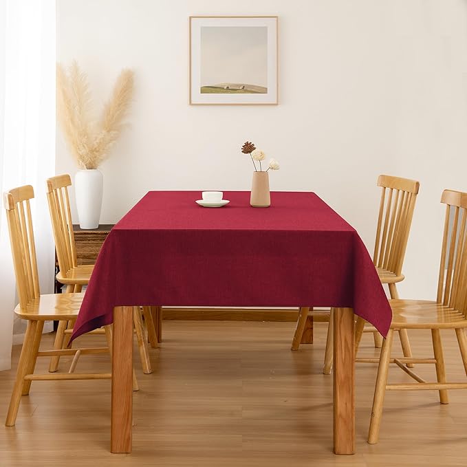 Hiasan Faux Linen Rectangle Tablecloth - Wrinkle and Stain Resistant Washable Table Cloth for Kitchen Dining Room Holiday Table Cover for Dinner, Red, 60 x 102 Inch