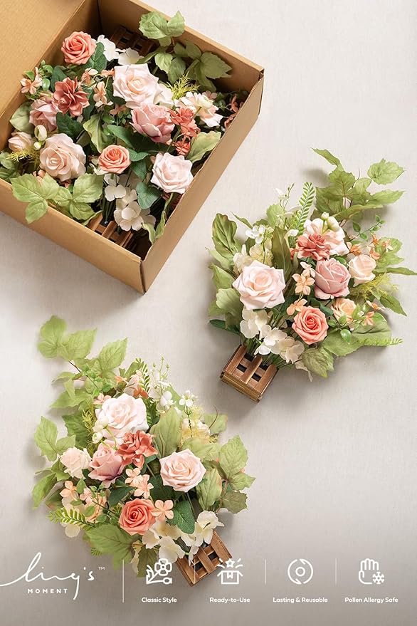 Ling's Moment 17.5" Tall Standing Artificial Flowers Arrangements 4pcs Fall Wedding Aisle Runner Chair Decorations Blush & Pink Centerpieces for Ceremony Reception Rose Floral Party Outdoor