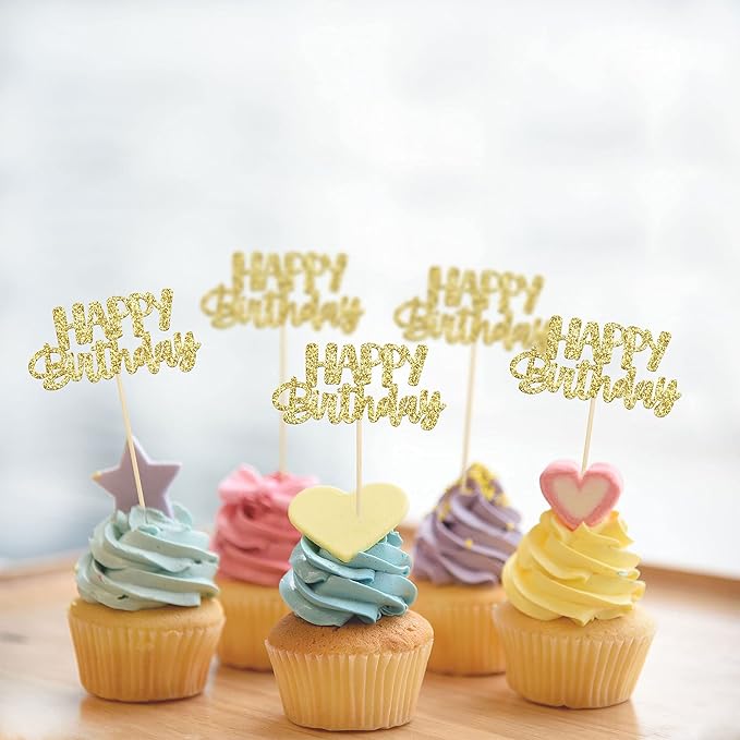 Gyufise 24Pcs Happy Birthday Cupcake Toppers Gold Glitter Celebrating Birthday Cake Picks Baby Shower Kids Birthday Party Decoration Supplies