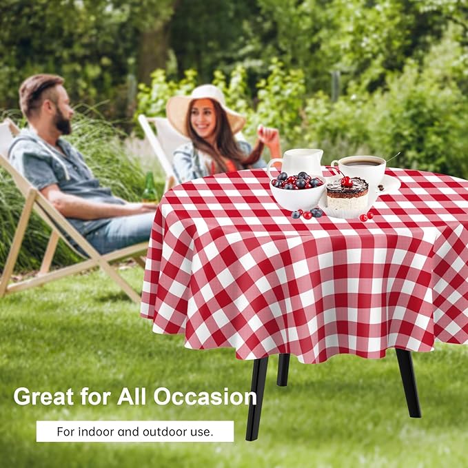QIKSION Red Gingham Round Tablecloth 6 Pack, 84 Inch Plastic Checkered Table Cover Disposable for Parties