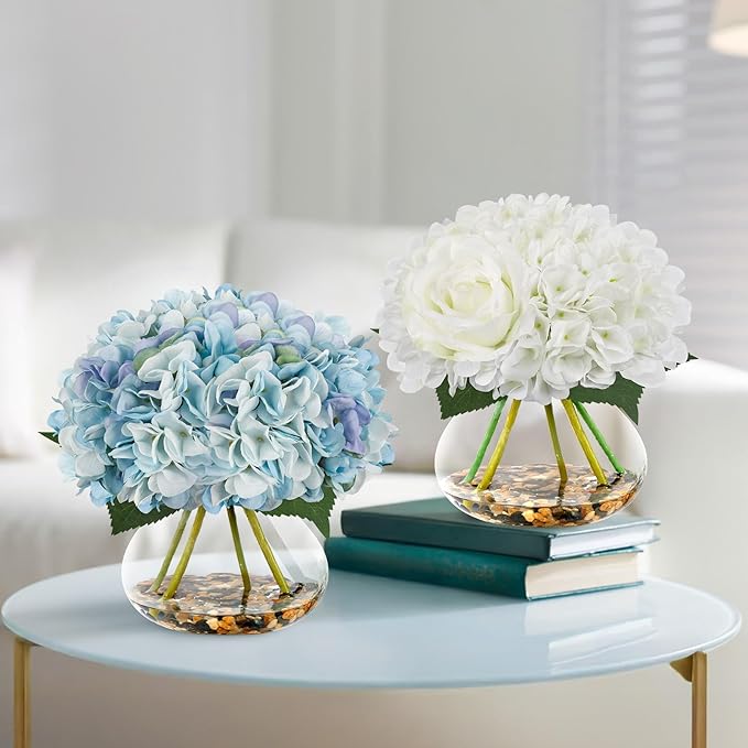 N&T NIETING Artificial Hydrangea Flowers with Vase Blue Silk Fake Flowers Faux Hydrangea Flowers with Faux Water Riverstones for Home Office Table Room Wedding Centerpiece Decorations