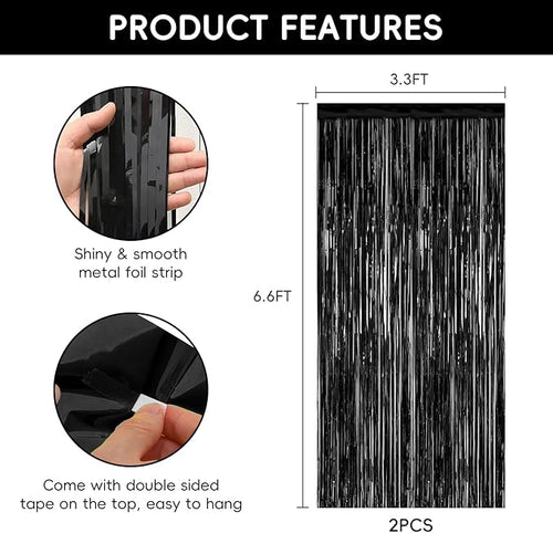 2 Pack Black Streamers Party Decorations Black Tinsel Backdrop Supplies Foil Curtain Backdrop for Baby Shower Birthday Bachelorette Wedding Engagement Holiday Celebration Halloween Party Decorations