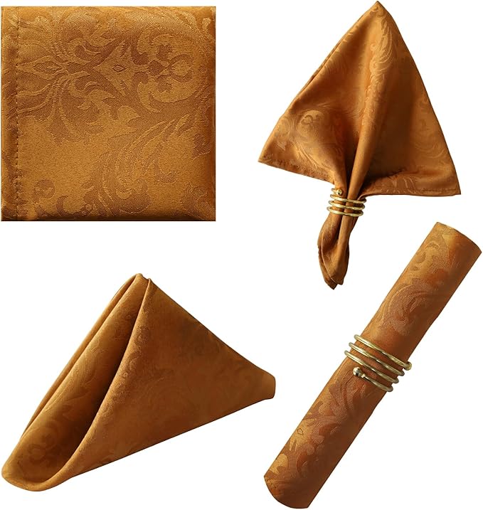 Fall Cloth Napkins 20 x 20 Inch Set of 4 Washable Reusable Jacquard Damask Autumn Table Napkins for Harvest, Thanksgiving, Holiday, Brown/Amber (4 Pieces/Packs)