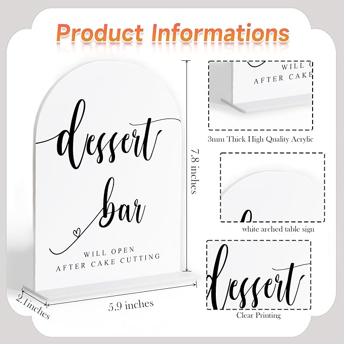 Dessert Bar Sign, White Arch Acrylic Wedding Sign, Dessert Table Decor, Wedding Reception Decorations, Bridal Shower Decor, Centerpiece Table Decorations Party for Bride and Groom-10