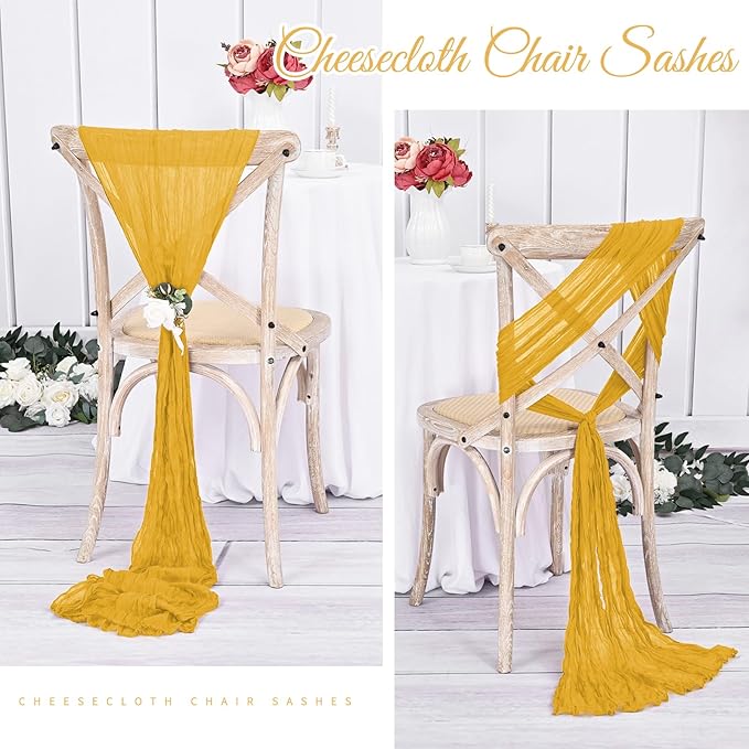 36 Pcs Mustard Yellow Cheesecloth Chair Sashes, 16 x 108 inch Gauze Fabric Washable Chair Sashes Bows Designed for Aisle Decorations Universal Chairs Cover Decor for Wedding Reception Party Banquet