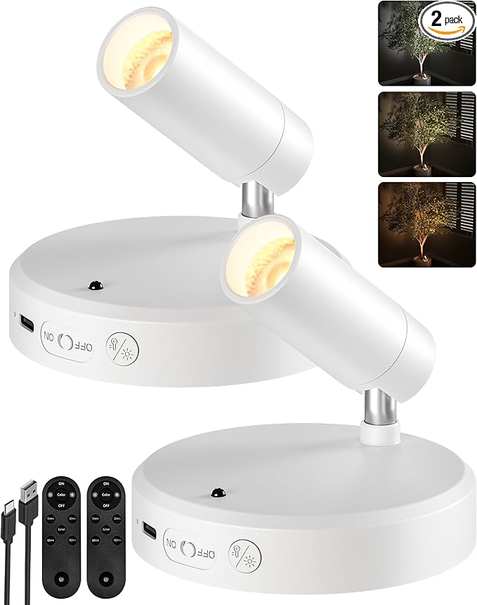 EZVALO Spot Lights Indoor,5500mAh Rechargeable Picture Lights with Remote,Wireless Mini Art Accent Spot Lights with Timer＆Dimmable, 3CCT, Uplights Indoor for Plants,Display,Artwork(2Pack-White)