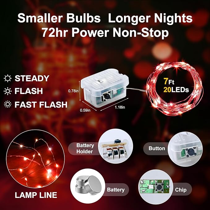 Aogist 24 Pack Fairy Lights 3 Modes 7ft 20 LED Waterproof,Battery Operated Silver Wire Firefly Starry Moon Mini String Lights for Mason Jars Christmas DIY Crafts Wedding Party Bedroom,Red