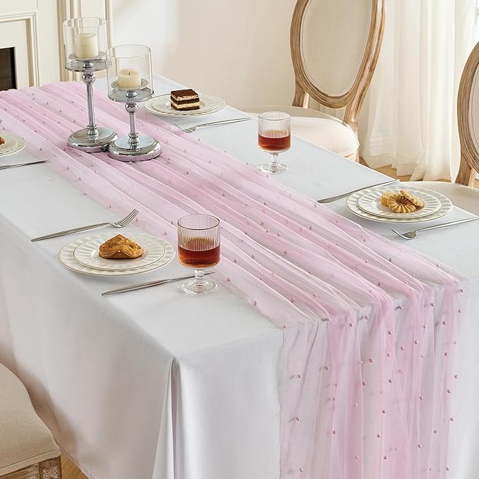 Fanami 3 Pack Pearl Table Runner -10FT Blush Pink Boho Tulle Table Runners 120 Inches Long Rustic Sheer Lace Fabric Centerpieces for Wedding Arch Birthday Party Bridal Veil Baby Shower Decorations