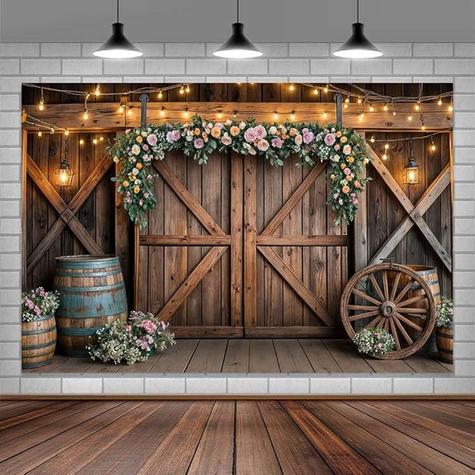 8x6ft Country Wedding Photography Backdrop Rustic Barn Door Photography Backdrop Farmhouse Pink Flower Cabin Wooden Birthday Baby Shower Wedding Bridal Party Banner Photo Booth Props Background
