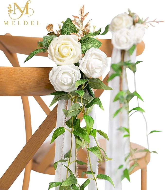 Meldel Wedding Chair Decorations Aisle Floral Set of 10 Artificial Flowers Ivory White Rose Garland with Hanging Ribbions for Ceremony Reception Church Arrangement Party Wedding Pew Decor Flower