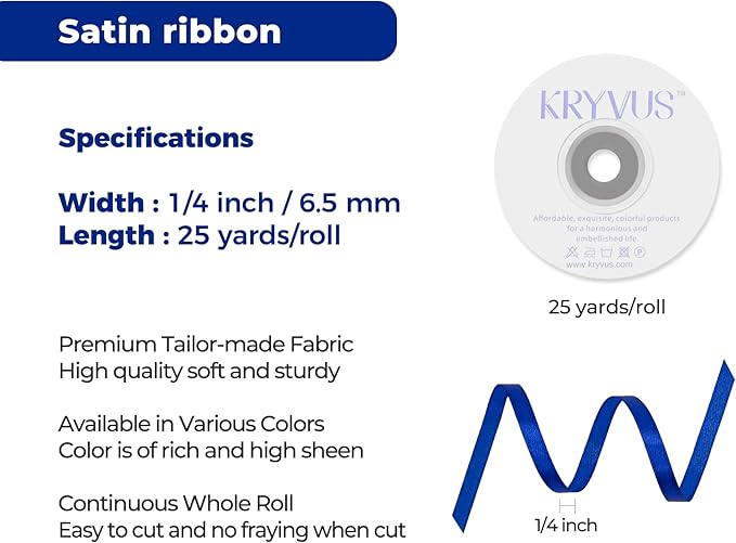 Royal Blue Satin Ribbon 1/4 inch X Continuous 25 Yards, Single Face Polyester Ribbon Perfect for Gift Wrapping, Flower Bouquet, Wedding Decor, Crafts, Bow Making, Sewing and More