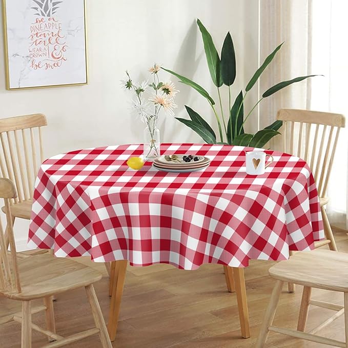 QIKSION Red Gingham Round Tablecloth 6 Pack, 84 Inch Plastic Checkered Table Cover Disposable for Parties