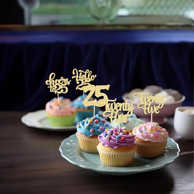 30pcs 25th Birthday Cupcake Toppers - 25th Anniversary Cake Decorations with Gold Glitter