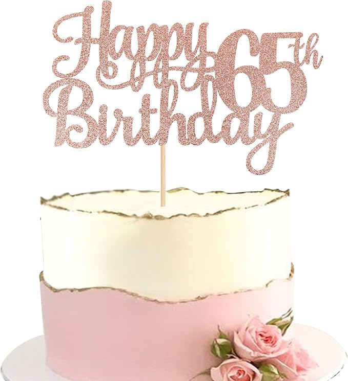 1 PCS Happy 65th Birthday Cake Topper Glitter Cheers to 65 Years Birthday Cake Pick 65 Fabulous Cake Decoration for Happy 65th Birthday Theme Party Decorations Supplies Rose Gold