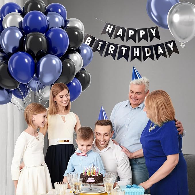 Blue and Black Balloons, 60pcs 12inch Blue Black Metallic Silver Balloons for Graduation New Year Birthday Party Decorations