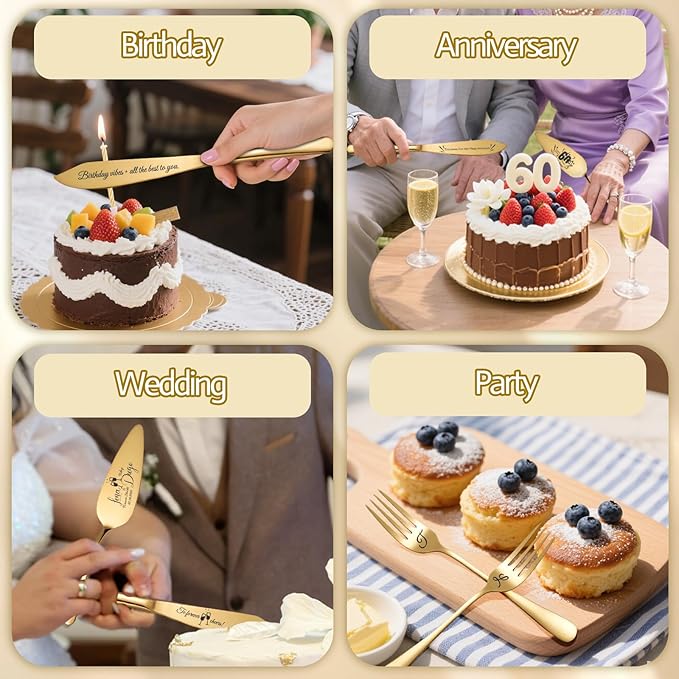 Personalized 4 Piece Wedding Cake Cutting Set, Custom Names Cake Knife and Server set with Forks, Anniversary Birthday Bridal Wedding Registry Gifts (Gold)