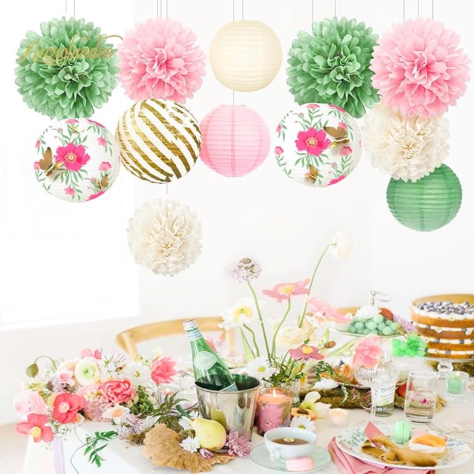 NICROLANDEE Wedding Party Decorations, 12 PCS Green Pink Blooms Paper Lanterns Tissue Pom Poms for Fairy Birthday Party Decorations, Foil Gold Butterfly Baby Bridal Shower Spring Easter Party Decor