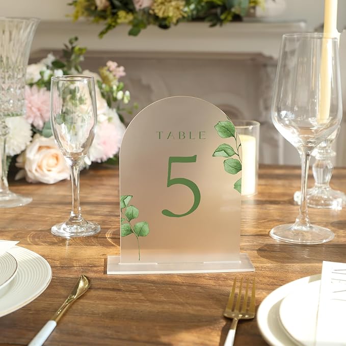 UNIQOOO 10 Pack Acrylic 5x7 Frosted Arch Table Sign for Wedding with Holders, 1/8 in Thick, DIY Blank Arch Sign Sheet Perfect for Decoration, Party,Anniversary, Event, Stand Included