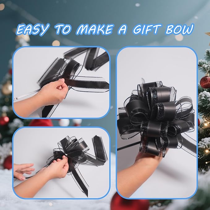 6 Pcs 6 Inch Black Pull Bows, Perfect for Gift Wrapping, Weddings, Party Decorations, Crafts Easy-to-Use Pull Bows for Gifts and Events