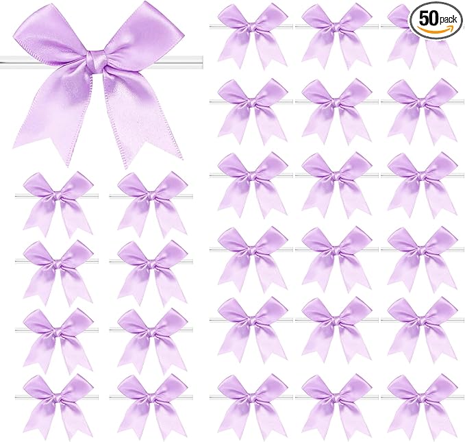 50 PCS Twist Tie Bows Satin Ribbon Bows 3.3 Inch Gift Wrap Bows Craft Bows for Gift Wrapping, Party Decorations Gifts Bag DIY Treat Bags Wedding Decor Baby Shower Christmas (Light Purple)