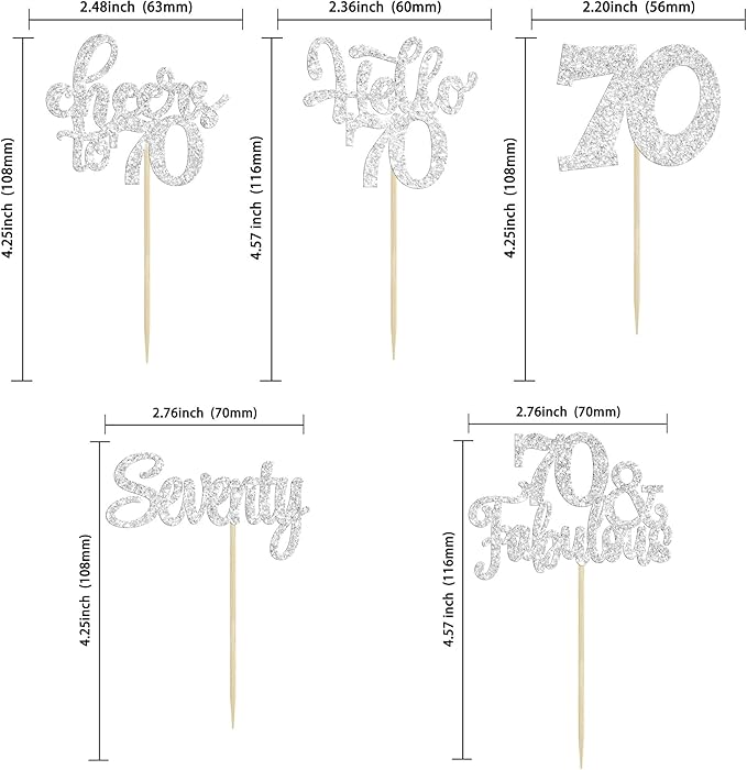 30Pcs Happy 70th Birthday Cupcake Toppers Seventy Cheers to 70 Years Old Birthday Cupcake Picks for 70th Birthday Anniversary Party Cake Decorations Supplies Silver Glitter