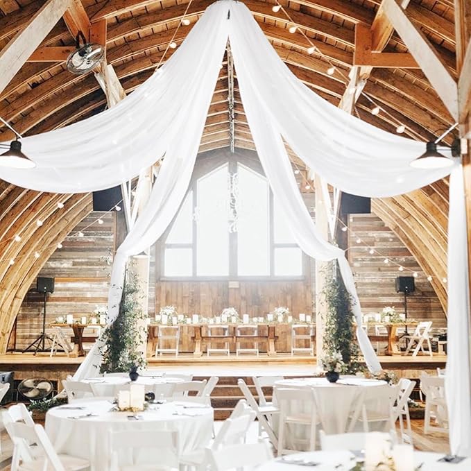 4 Panels White Ceiling Drapes for Wedding 5ftx20ft Chiffon Fabric Arch Draping Curtains for Party Ceremony Birthday Baby Shower Reception Stage Ceiling Decorations