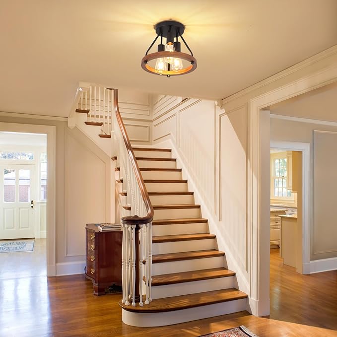 Modern Farmhouse Wood Semi Flush Mount Ceiling Light, Hallway Entryway Light Fixtures, 3-Light Rustic Industrial Ceiling Lamp for Kitchen Bedroom Dining Room Laundry Room Lighting, UL-Listed