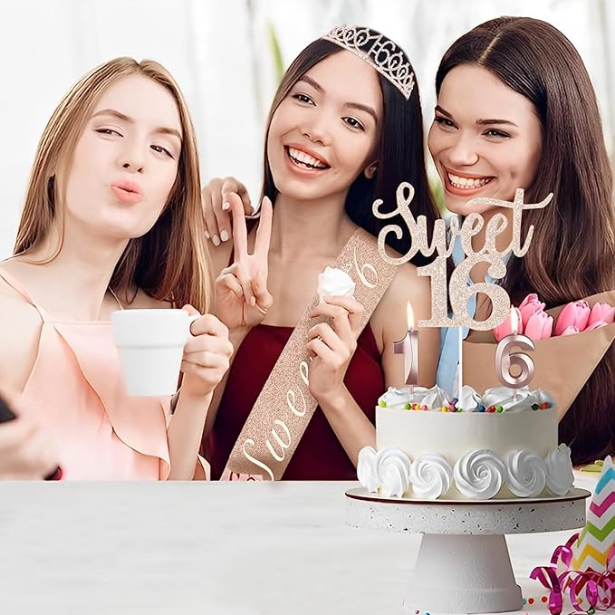 Sweet 16 Party Decorations for Girls Including Sash and Tiara, Cake Topper and Candles, 16th Birthday Decorations for Girls, Sweet Birthday Gifts Party Favor Supplies