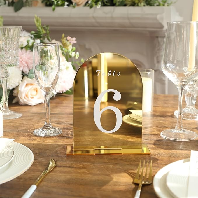 UNIQOOO 10 Pack Acrylic 5x7 Gold Mirror Arch Table Sign for Wedding with Holders, 1/8 in Thick, DIY Blank Arch Sign Sheet Perfect for Decoration, Party,Anniversary, Event, Stand Included