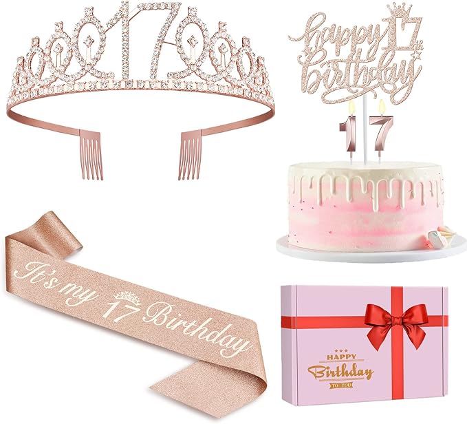17th Birthday Decorations for Girls Including Birthday Girl Sash, Crown, Numeral Candles and Cake Topper, 17 Year Old Decorations Gifts, Rose Gold Party Decor Supplies