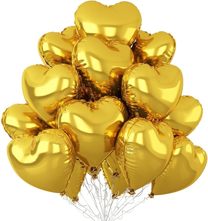 Gold Heart Balloons,12Pcs 18 Inch Metallic Gold Foil Love Heart Shaped Balloons for Birthday Party Wedding Engagement Anniversary Graduation Celebration Baby Shower Valentines Day Decorations
