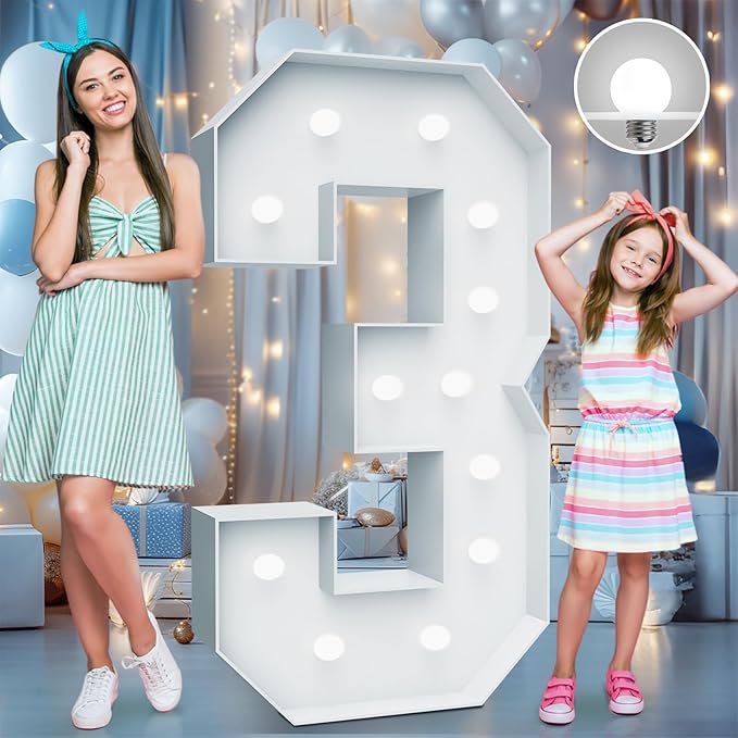 4FT Marquee Light Up Numbers - Cool White Light Up Numbers 3 with Fixed Water Bag, Party Decoration Large Marquee Light Up Numbers can Be Used for Wedding Decoration, Birthday Party Decoration