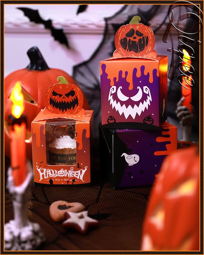 qiqee Halloween Individual Cupcake Boxes Cupcake Holders Disposable 60pcs Single Cupcake Boxes with Window 3.7" 3.7"*4.5" Cupcake Containers For Halloween