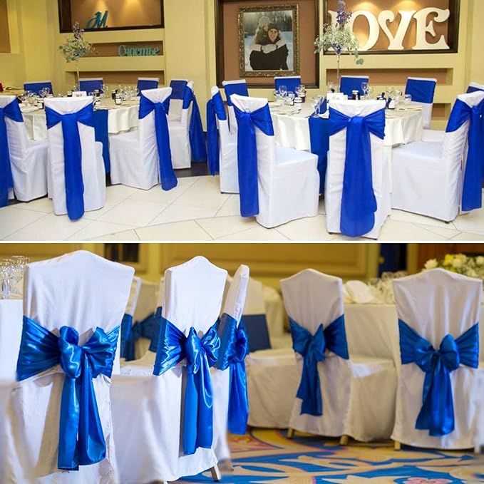 50 PCS Satin Chair Sashes Bows Decorative Universal Chair Cover Chair Ribbon Ties Back Sash for Wedding Birthday Party Ceremony Reception Hotel Events Banquet Restaurant Decor(7 x108 inch,Royal Blue)