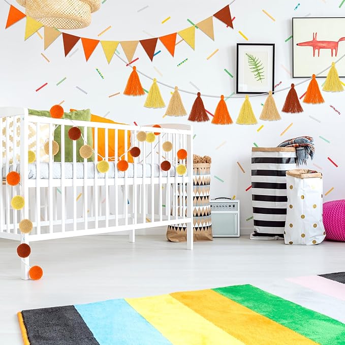 Irenare 9.8 ft Pom Pom Garland Felt Colorful Tassel Banner Christmas Party Pompoms Garland Decorations Felt Pennant Banner for Classroom Home Mantel Fireplace Birthday(Autumn Colors)