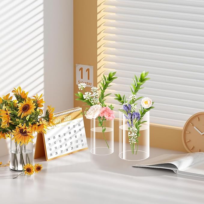 48 Pack Plastic Cylinder Vases, 4 6 8 10 Inch Tall Acrylic Cylinder Clear Flower Vase Set Bulk Glass Like Large Round Plastic Vases for Centerpiece Wedding Home Office (48)