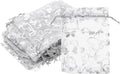PATIKIL 100 Pcs 4x6 Inch Heart Printed Organza Bags, Silver Sheer Heart Organza Bags with Drawstring for Christmas Candy Jewelry Party Wedding Favor Gift