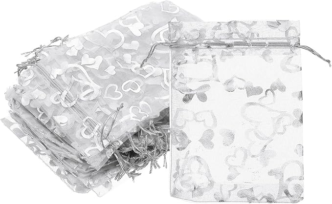 PATIKIL 100 Pcs 4x6 Inch Heart Printed Organza Bags, Silver Sheer Heart Organza Bags with Drawstring for Christmas Candy Jewelry Party Wedding Favor Gift