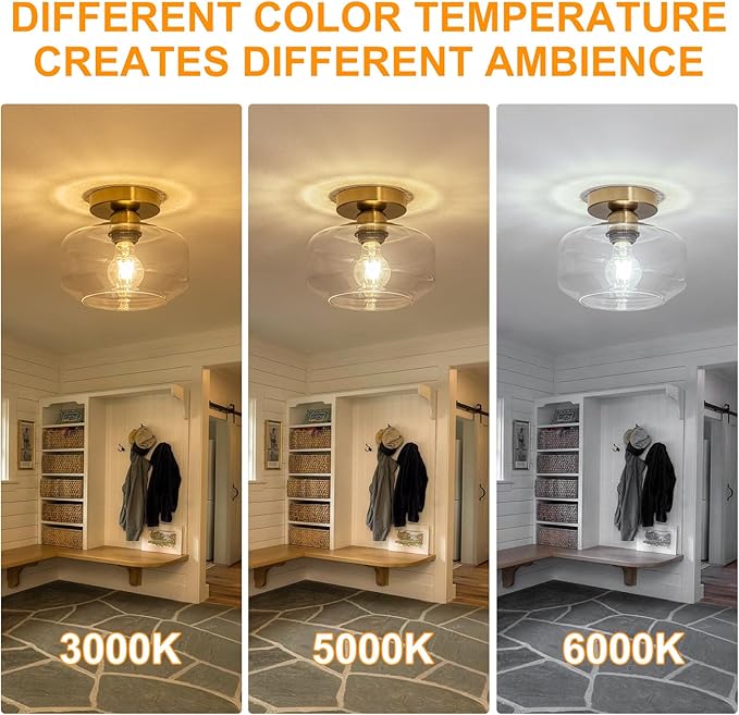 Golden Semi Flush Mount Ceiling Light - Includes 900LM Bulb (60W Eqv) - Clear Glass & Brass Fixture for Hallway, Bathroom, Kitchen Lighting
