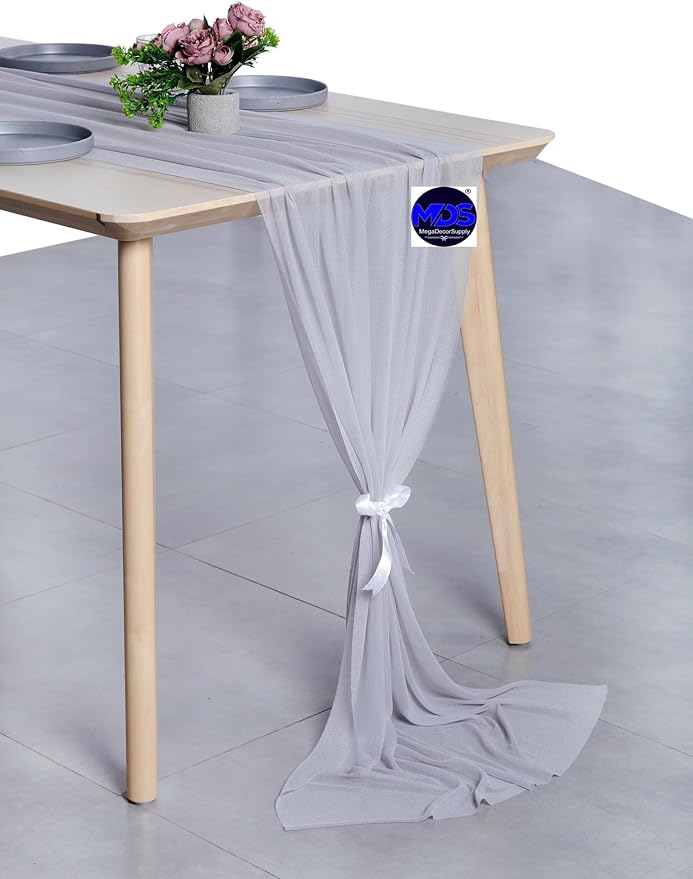 MDS Halloween Chiffon Table Runner - 25 Pack, 29 x 170 Inches, 14ft Each - Sheer Spooky Table Runners for Haunted House Parties, Trick-or-Treat Tables, Witchy Décor, Wedding & Events - Cool Gray