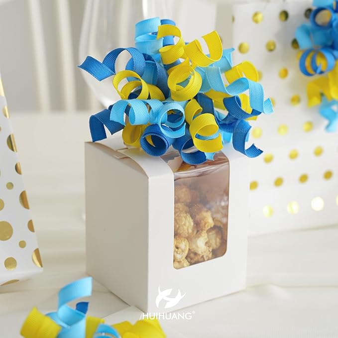 HUIHUANG Baby Shower Bows for Gift Wrapping, Curly Ribbon Bows Self Adhesive Burst Gift Bow for Baby Birthday, Baby Boy Shower Party Favors, Wine Bottle, Treat Bags- 6 Counts