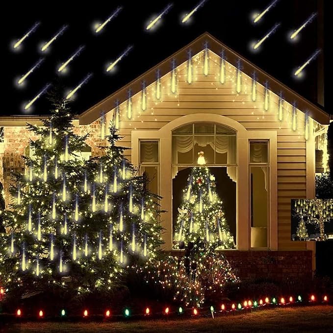 Christmas Lights Outdoor Falling Rain Meteor Shower Lights 12 inch 8 Tube 192 LED Snowfall Icicle Cascading String Light for Xmas Tree Christmas Decorations Holiday Garden, UL Plug,Warm White