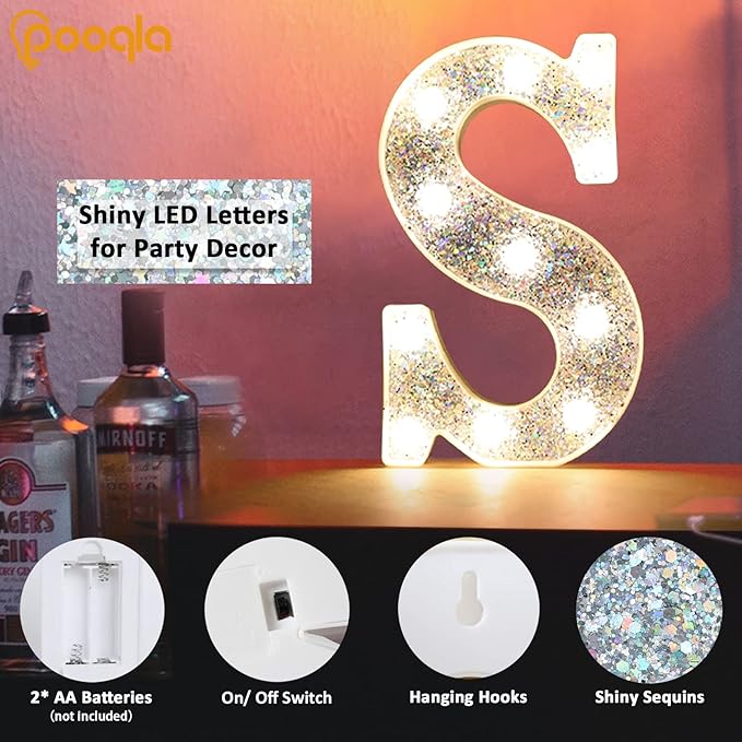 Pooqla Light Up Letters, LED Marquee Letters for Silver Birthday Decorations, Battery Powered Night Light Teenager Girl Room Decor, Gift for Girls Boys Wedding Bedroom Christmas Party Decor, Letter C