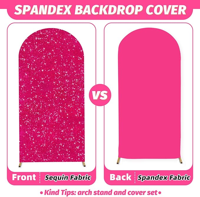 MODFUNS Arch Backdrop Stand and Cover Set 6&7.2ft Hot Pink Sequins Arch Backdrop Cover Metal Arch Frame with Covers Double Sided Arch Stand Covers for Wedding Party Baby Shower Decoration