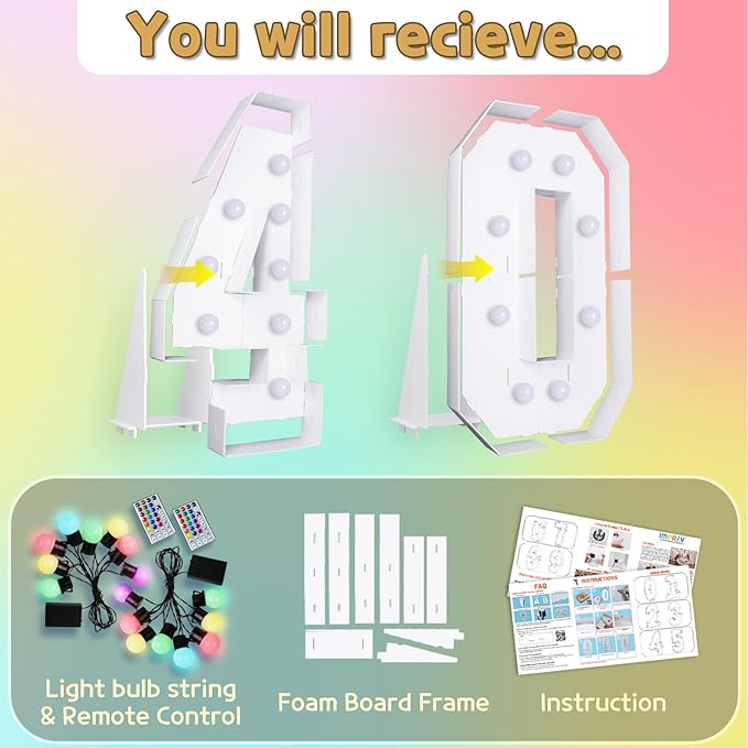 Marquee Numbers Colorful 40th-Birthday Decoration: 4FT Large Light Up 40 Year Old Birthday Decorations Anniversary Backdrop for Men Women Cardboard White Sign 18 Colors Number 40 Mosaic Balloon Frame