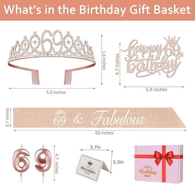69th Birthday Decorations for Women, Including Birthday Sash, Crown/Tiara, Candles, Cake Topper, 69 Year Old Gifts for Women