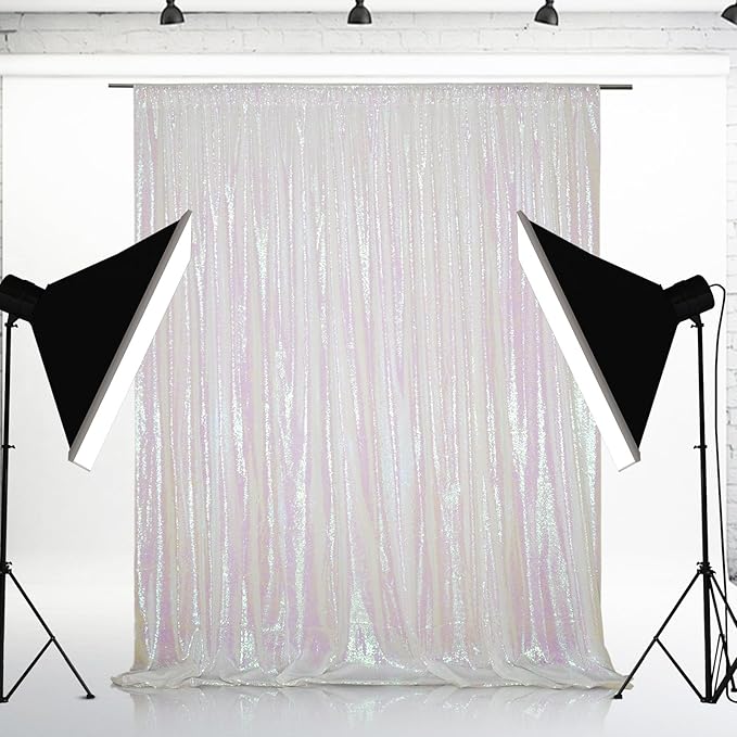 Eternal Beauty White Iridescent Sequin Backdrop, 6x8 Ft Glitter Background Curtains for Shimmer Photography Party Wedding Birthday Back Drop Decor
